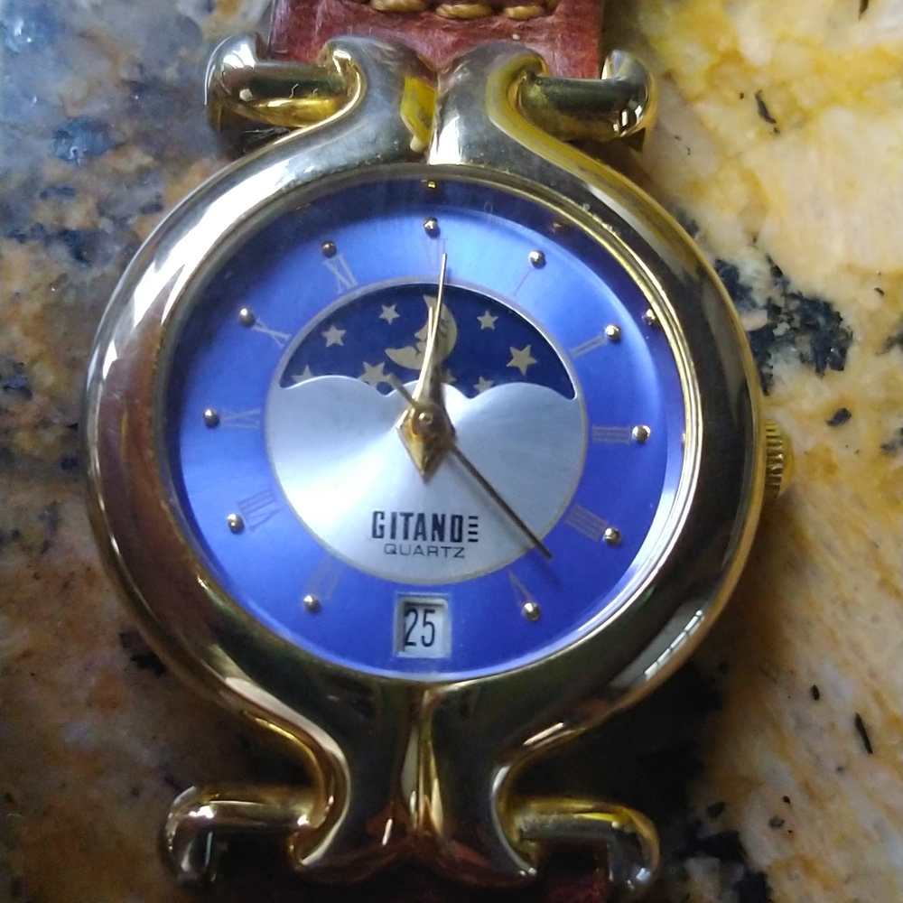 Vintage Ladies Gitano Blue Moving  Moon Phase and Calendar Window Watch